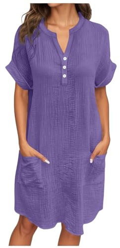 Generisch Casual Women's Dress with V-Neck, Pockets, Buttons, Comfortable Everyday Dress for Spring, Summer, Flowy, Relaxed Fit, Pure Colour