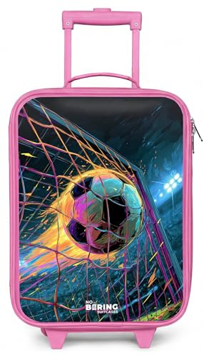 NoBoringSuitcases© Kinderkoffer Rosa Klein Reise Trolley Rollkoffer Pink | 48x31x19 cm - Kleiner Kinder Koffer mit LED Rollen Kindertrolley Hartschalenkoffer für Kind Neon - Netz - Fußball