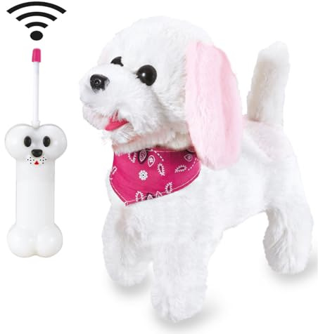 JAMARA Trixi RC Plüschhund 27MHz - laufender Hund mit Sound Plüsch, mit Fernsteuerung, Spielzeug Hund für Kinder, Plüschwelpe, weiches Fell, realistisches Hundebellen, modernes Halstuch, Weiss/Rosa