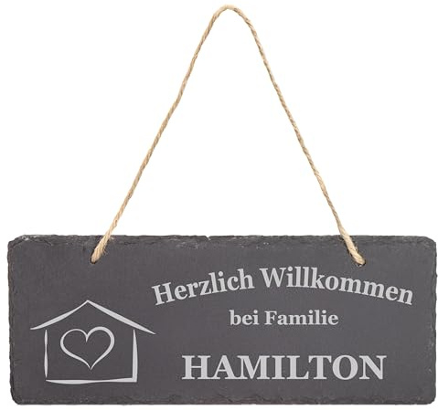 LAUBLUST Türschild Schiefer Personalisiert - Sweet Home Motiv - Haustürschild mit Name - 3 Größen, inkl. Kordel