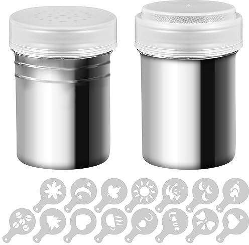 2 Stck Edelstahl Dredges und pulverförmiger Shaker mit 16 Stck Druckformen Schablonen, SENHAI Salz Pfeffer Kaffee Kakao Zimtkraft Kann mit Loch oder feinmaschigem Deckel für das Kochen in der Küche