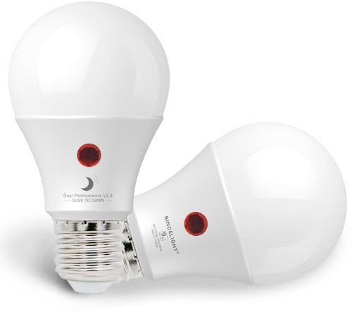 SINCELIGHT LED Glühbirne 9W mit Dualem Dämmerungssensor für Außenlampe, Automatisches Ein- und, Sicherheits-Nachtbirnen von der Dämmerung bis zum Morgengrauen, Tageslichtsensor, E27, 4000K, 2 Stück