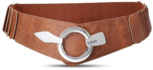 JasGood Damen Breiter Elastischer Taillengürtel, Mode Vintage Hüftgürtel mit Silberner Ring-Schließe, Braun, M