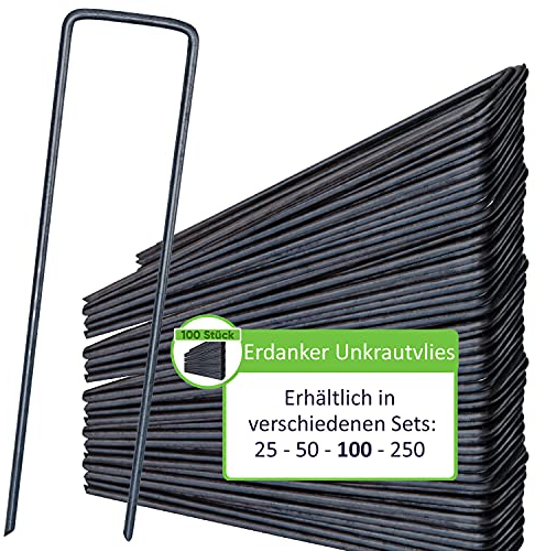 DAWIDU Erdanker Unkrautvlies aus Stahl unverzinkt - 100 Stück - Stabile Stahl Erdanker Bodenanker als Befestigung für Unkrautvlies, Gartenvlies, Zaun & Camping Zelt - 150mm lang x 30mm breit - Ø 3mm