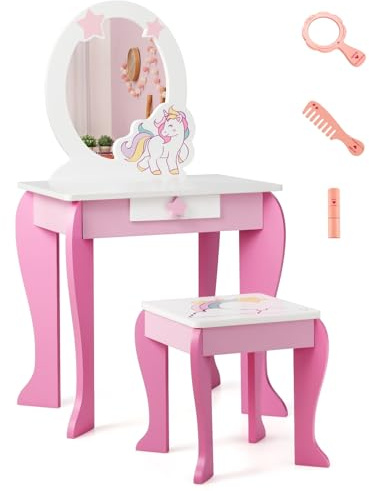 COSTWAY Set Toeletta per Ragazza, Toeletta Trucco per Bambini con Sgabello, Specchio Staccabile e Cassetto, Postazione Trucco in Legno per Cameretta 49.5 x 35.5 x 89cm (Rosa)
