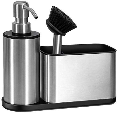 Oriware - Organizador para Fregadero de Cocina con dispensador de jabón Incorporado y Soporte para Esponja (Bomba y aplicador de Acero Inoxidable) - 7.87 x 7.08 x 2.556 Pulgadas