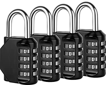 Lot de 4 cadenas à combinaison à 4 chiffres pour l'école, la gym, le casier de sport, clôture, boîte à outils, étui, moraillon de rangement (lot de 4, noir)