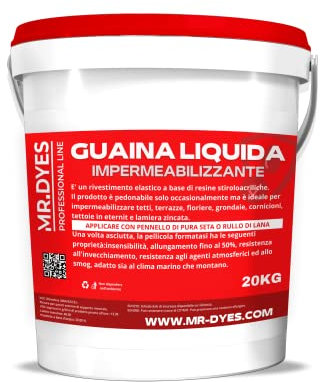 MR.DYES - Guaina Liquida Impermeabilizzante - Membrana Monocomponente Multisupporto, Vari Colori e Formati, Gomma Liquida per Tetti e Terrazzi. (20 KG, GRIGIO)