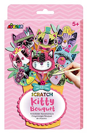 Avenir 6301731 Kratzbilder Bastelset Katzenstrauß, DIY Kreativset für Kinder ab 5 Jahren, Blumenstrauß selber Machen, Bouquet