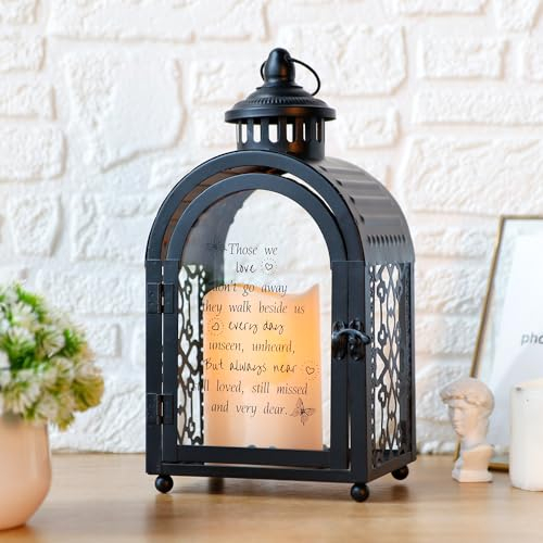 TRIROCKS Memorial Lantern Holder 28cm High Walk Beside Us Remembrance with LED Candle and Love Pattern Bereavement Sympathy Gifts for Funeral Service Loss of Loved One (Black)