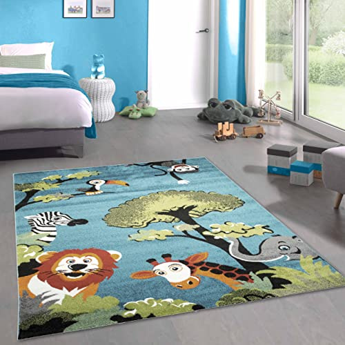 CARPETIA Teppich Kinderzimmer Waldtiere in Blau • Das perfekte Accessoire für EIN tierisch schönes Kinderzimmer, 120 x 170 cm