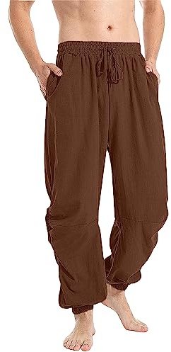 YAOBAOLE Men Linen Trousers Drawstring Men Pants Beach Yoga Pants with Pocket Brown M
