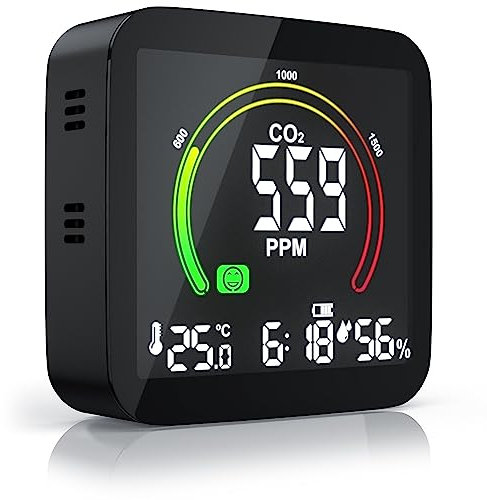 Brandson - Misuratore di CO2 misurazione dell'anidride carbonica PPM - Allarme - Sveglia con Funzione Snooze - Temperatura, Ora, umidità - Batteria Ricaricabile Integrata - Nero