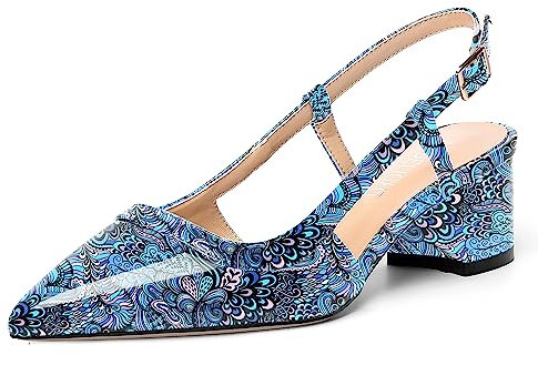 AMBELIGHT Donna Tacco Basso Moda 2 inch Punta Chiusa Datazione Fermaglio Fibbia Blocco Pelle Liscia Slingback Scarpe col Tacco Blue Graffiti Dimensione 41