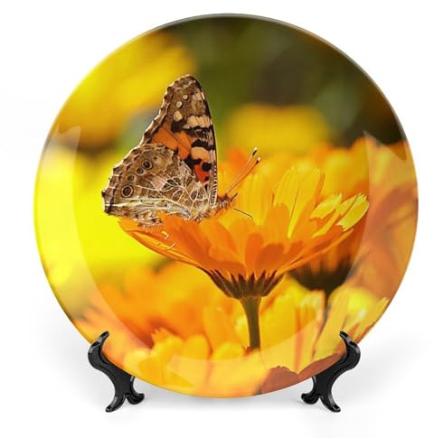 Butterfly with Yellow Flower Decorative Plate for Wall Ceramic Home Wobble-Plate with Display Stand Table Decor Ornament Thanksgiving Christmas Decoration Porcelain Dinner Plate Dessert Dish 10