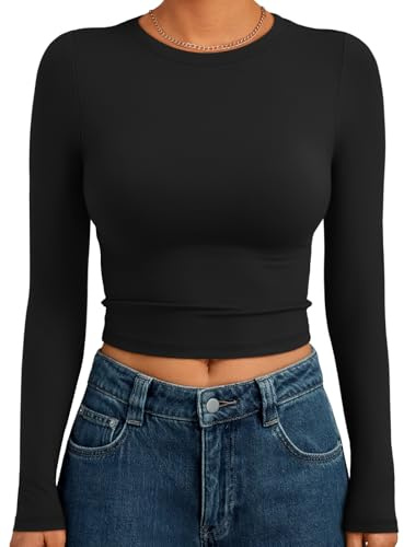 Trendy Queen Womens Long Sleeve Crop Tops Basic Slim Fitted Shirts Spring Fashion Outfits 2026 Teen Girl Clothes Black XS