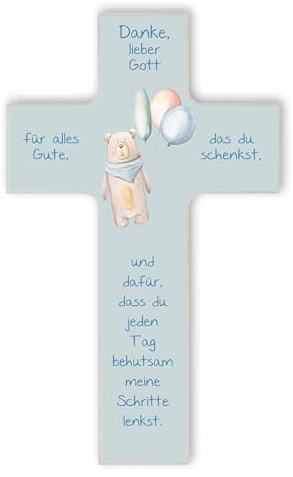 Fritz Cox Kinderkreuz Teddybär | christliches Geschenk für Kinder | Danke lieber Gott blau,20cm