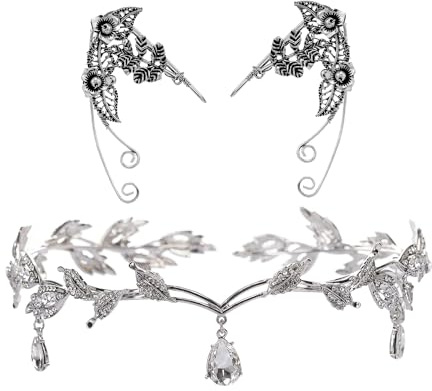 1 Stück Wassertropfen-Elfenkrone, Kommt Mit 1 Paar Elfen-Ohrclips, Feen-Kopfschmuck, Silbernem Haarschmuck, Cartoon-Ohren, Feen-Accessoires, Elfen-Rollenspielset
