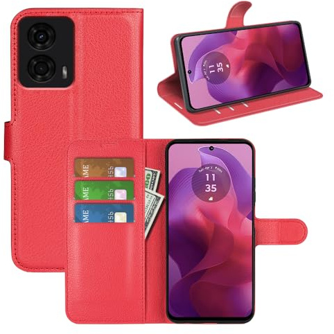 Fertuo Cover per Motorola Moto G24 / G04 / G04S / E14, Custodia Portafoglio Cover a Libro in Pelle Flip Case con Silicone Bumper, Fibbia Magnetica, Porta Carte, Kickstand, per Moto G24 / G04, Rosso