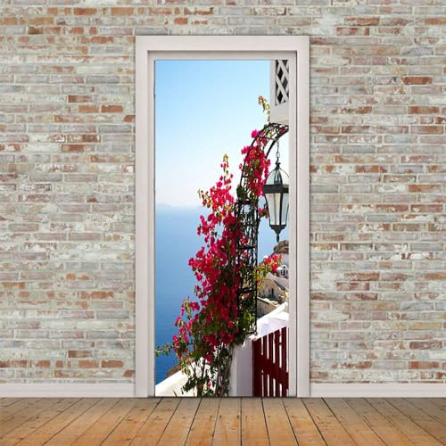 Türtapete Selbstklebend 3D Rote Blüten TürPoster PVC Türaufkleber Abnehmbar Türfolie für Wohnzimmer Küche Schlafzimmer Türdekoration, 38.5x200cmx2pcs