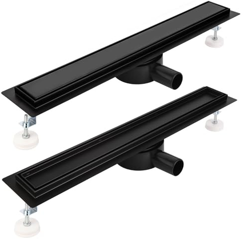 Duschrinne 70cm Schwarz Matt Befliesbar Extra Flach Edelstahl komplettset duschabfluss bodenablauf 360 Grad Siphon mit Geruchsstop und Haarsieb Größen 30cm -120cm