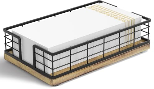 Wican Gästehandtuchhalter Tablett für Badezimmer, Eiche und Eisen, Serviettenhalter für Puderzimmer, Esstisch, Holzkorb für Einweg-Papierhandtücher, Schwarz und Bauernhausbraun