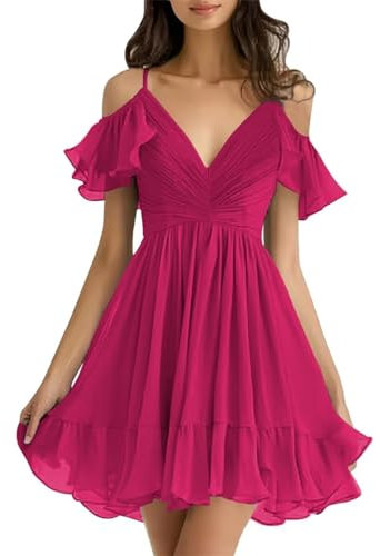 KURFACE Vestidos de fiesta de noche, plisados, con tirantes delgados, cuello en V, acampanados, sin mangas, para jóvenes, WSX550, fucsia, 52 Más