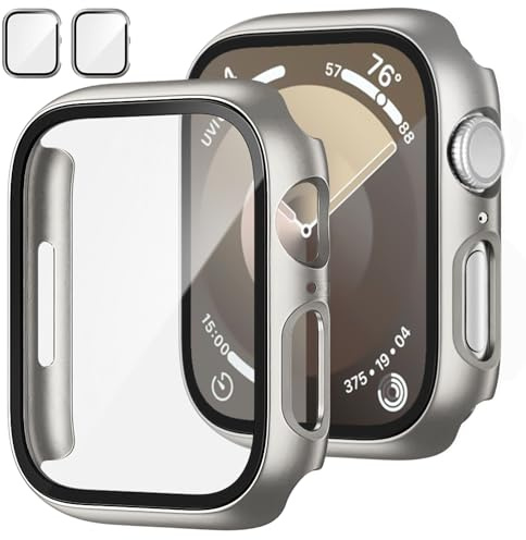 JZK 2 Pack Case with Tempered Glass Screen Protector for Apple Watch Series 9/8/7 45mm, Slim Guard Bumper Full Coverage Hard PC Protective Cover Thin Case for iWatch 45mm Accessories,Titanium | 2 Pack,Hard PC Cover with Tempered Glass for Apple Watch 45mm,HD,Slim Guard Bumper,Protective Cover for iWatch 9/8/7 45mm