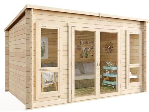 BillyOh Carmen 4m x 2.5m Log Cabin Summer House Shed with Pressure Treated Wood, Modern Pent Roof, Double Doors & Shatterproof Windows – Garden Room, Gym, Outdoor Office, Studio, or Garden House