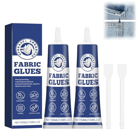 HASAIKA® Colla Tessuto, Cuce Colla Liquido, 50 ml Colla per Tessuti per vestiti, denim, pelle, poliestere, tessuti, riparazioni di bambole, cotone, 2 pezzi