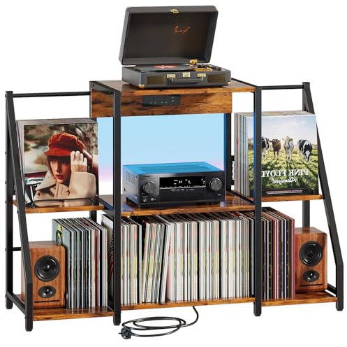 Plattenspielerständer, Großer Vintage Plattenspieler Tisch mit Steckdose und LED-Licht, Turnta Ständer mit Schallplattenhalter, Vinyl Display Regal für bis zu 300 Alben, für Wohnzimmer, Schlafzimmer