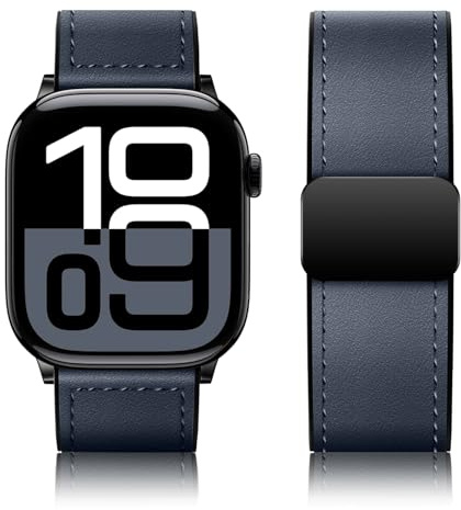 Qimela Bracelet magnétique en cuir compatible avec Apple Watch 38 mm, 40 mm, 41 mm, 42 mm, 44 mm, 45 mm, 46 mm, 49 mm pour homme et femme, bracelet en cuir véritable pleine fleur pour iWatch Series 10