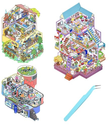 Yuanchu 3 Sets DIY 3D Hausaufkleber, Große 3D Sticker Scene Lustiges Miniatur Szenen Aufkleberset mit Pinzette Cartoon Kreative Szene Spaß Stacking Sticker Therapy für Kinder Erwachsene Stressabbau