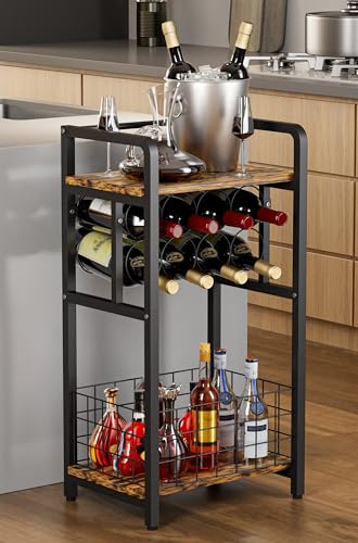 Ansionsol 3-Tier Wine Rack Freestanding Floor with Wood Top, Liquor Stand with Wine Bottle Holder, Corner Wine Bar Table for Small Space, Metal Whiskey Shlef for Kitchen, Cellar, Living Room, Black