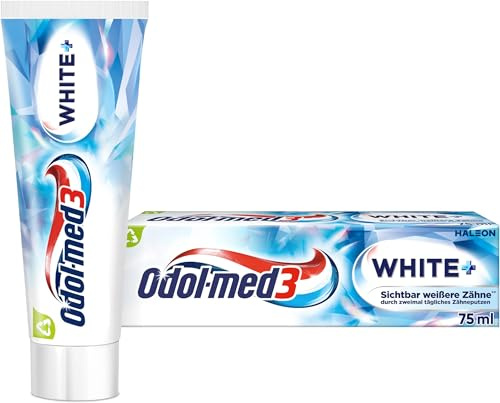 Odol-med3 White+ Zahnpasta, klinisch getestete Fluorid-Zahncreme für sichtbar weißere Zähne**, 75ml (Packung mit 5)