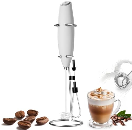 Montalatte con Supporto e 2 Teste LULUWA, Frullino per le Uova Miscelatore per Bevande Portatile Macchina per Schiuma di Caffè Elettrica per Macchiato Cappuccino Matcha, Senza Batteria (Bianco)