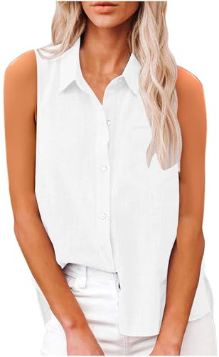 Keepink Tank Tops Women Cotton Linen Sleeveless Vest Elegant Blouse Oversized Button Up Lapel Shirts Ladies T Shirts and Vests Casual Dressy Blouses for Work Office Going Out Sale