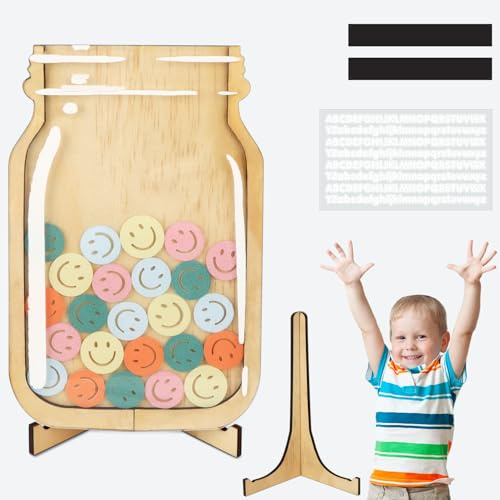 MOTIBACK Personalisiertes Magnet Belohnungsglas mit Smiley Magneten, Holz Haltbarem Design, Ideal für Hausaufgabendiagramm Klassenzimmer Belohnungssystem, für Kinder, Eltern und Lehrer