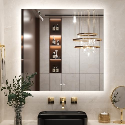 Keonjinn Badspiegel mit Beleuchtung Rechteckig 90x90cm, Badezimmerspiegel mit Beschlagfrei Touch Schalter Speicherfunktion 3 Lichtfarben Dimmbarer LED Bad Spiegel Ohne Rahmen Badezimmer Wandspiegel