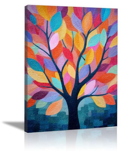 HOQIU quadro albero della vita Alberi colorati astratti stampe su tela, quadri grandi dimensioni, Adatto per soggiorno, camera da letto, cucina(giallo)-30x40cm Incorniciato