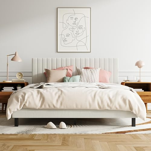 XINBEDEU 5ft King Bed Frame, Upholstered Platform Bed with Adjustable Velvet Headboard, Sturdy Wooden Slats, Silent Design, No Spring Mattress Required, Easy Assembly（Beige,King）