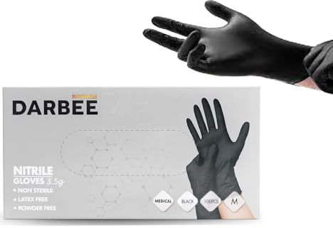 NM BEAUTY Black Nitrile Powder Free Gloves- Newmax Darbee- Multipurpose, Tatto, Medical, Latex Free Disposable Gloves- Box of 100 Gloves, Small, Medium, Large, Xtra-L (Black, Medium)