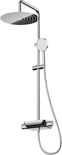 Cobbe Thermostatic Shower Mixer Set with 10 Round Rainfall Shower Head, Three-Function Water Outlet Control, 6 Modes Filter Shower Head with Hose and Adjustable Riser Rail for Bathroom (Chrome)