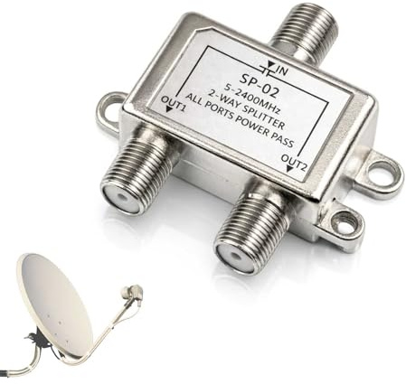 2-Fach SAT Splitter Koaxial Verteiler für Satelliten- und Kabelanlagen, Antennenverteiler SAT Verteiler, TV Signalverteilung mit Stromversorgung, 5-2400 MHz, gleichzeitiger Betrieb von 2 Receivern