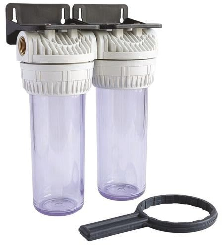 AQUAWATER - Station Double Filtre 107223 - Dimension Standard 9''3/4 - Pour Traitement d'Eau - Équerre de Fixation et Clé de Desserrage Incluses - Blanc - Ø9.75 x 25 cm - Débit Max 1.5 m3/h | Doublez votre filtration avec cette station polyvalente, compatible avec de nombreuses cartouches et facile à entretenir !