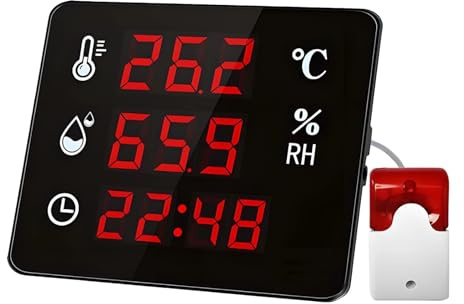 Sacolin - Termómetro digital higrómetro con alarma, monitor de temperatura y humedad con sonda, -165 °F a 186 °F/-40 ℃-80 ℃, alarma de luz sonora, registros mínimos máximos
