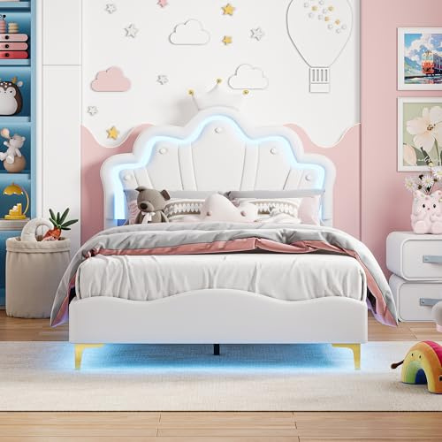 DADEA Flicksäng 140 x 190 cm med LED, enkelsäng för flickor med sänggavel, barnsäng, enkelsäng, 140 x 190 cm, för barn, enkelsängar, vadderad med ribbotten, ingen madrass