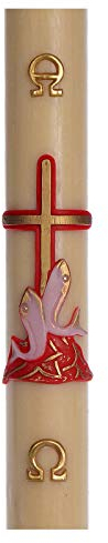 Holyart Osterkerze roten Kreuz und Fische rot 8x120cm Bienenwachs