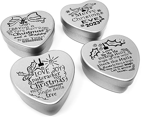 Gift In Can Gift Set of 4 chocolate filled mini heart shaped tins in a small box for Christmas Eve 2025 Xmas celebrations Secret Santa gifts Decorative Words