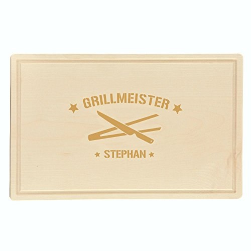Schneidebrett mit Gravur Motiv: Grillmeister, Sterne und Grillzangen - personalisiert mit Namen - für ihn - grillen - kochen - Mann - Geschenkidee